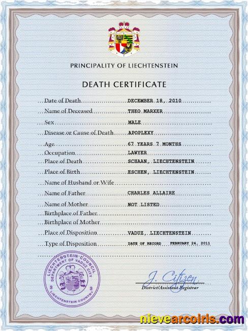 Liechtenstein vital record death certificate
